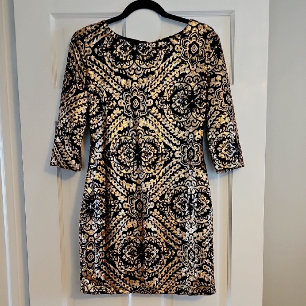Ark & Co. Black and Gold Patterned Dress Size Large